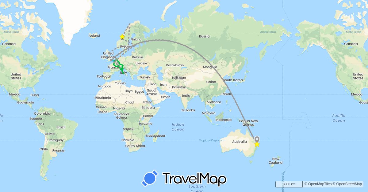 TravelMap itinerary: driving, bus, plane, train, boat in Austria, Australia, Belgium, Switzerland, China, Germany, Finland, France, United Kingdom, Italy, Netherlands, Norway, Sweden (Asia, Europe, Oceania)